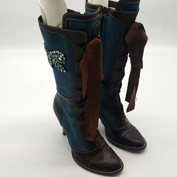 GIUSEPPE ZANOTTI LEATHER & DENIM JEANS BOOTS 2 1/2 INCH HEELS 👠 SIZE 40 - Picture 14 of 15